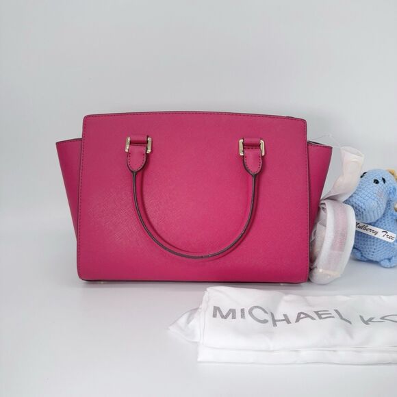 Michael Kors Medium Selma Leather Cranberry Pink Handle Crossbody Strap Satchel - Picture 2 of 8